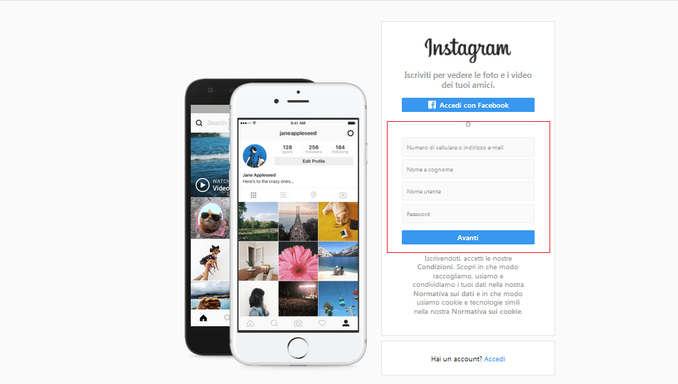 Visitare la Homepage di Instagram è il primo passo per registrarsi da PC