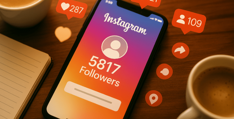 Smartphone acceso su Instagram con numeri di follower in crescita, circondato da icone social e oggetti da scrivania