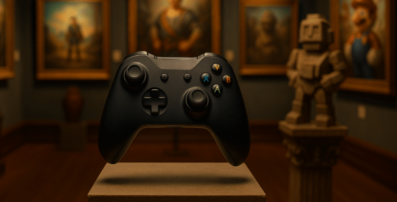 Controller da gaming su piedistallo in una galleria d’arte con opere ispirate ai videogiochi