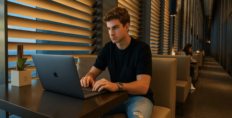 Edoardo Ferri al lavoro sul laptop in un elegante locale moderno, simbolo del successo ottenuto con il trading bot CryptoGenius