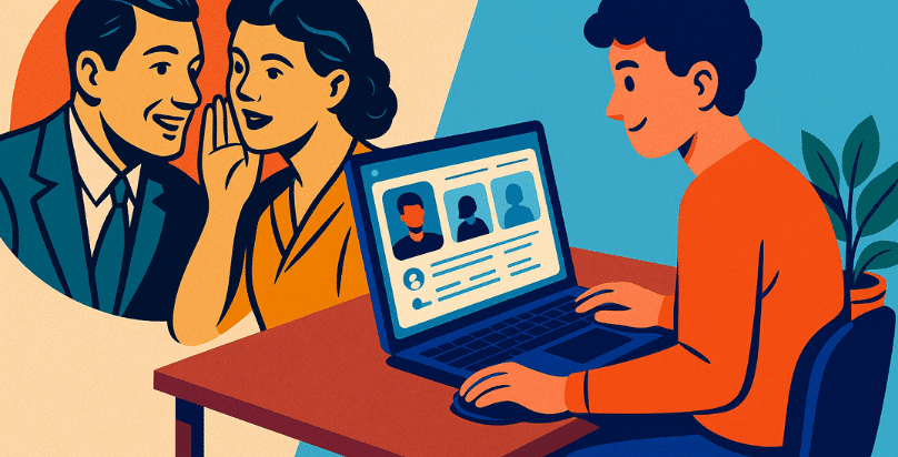 Persona che cerca professionisti su un portale online affiancata da scena di passaparola tradizionale