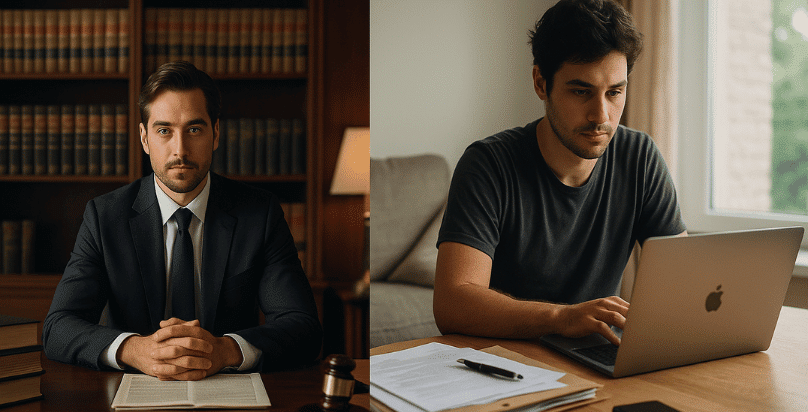Confronto tra avvocato in studio e consulente online da casa, simbolo della differenza nella qualità dei servizi legali