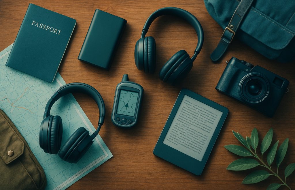 Dispositivi tecnologici utili per viaggiare che funzionano anche offline disposti su un tavolo da viaggio