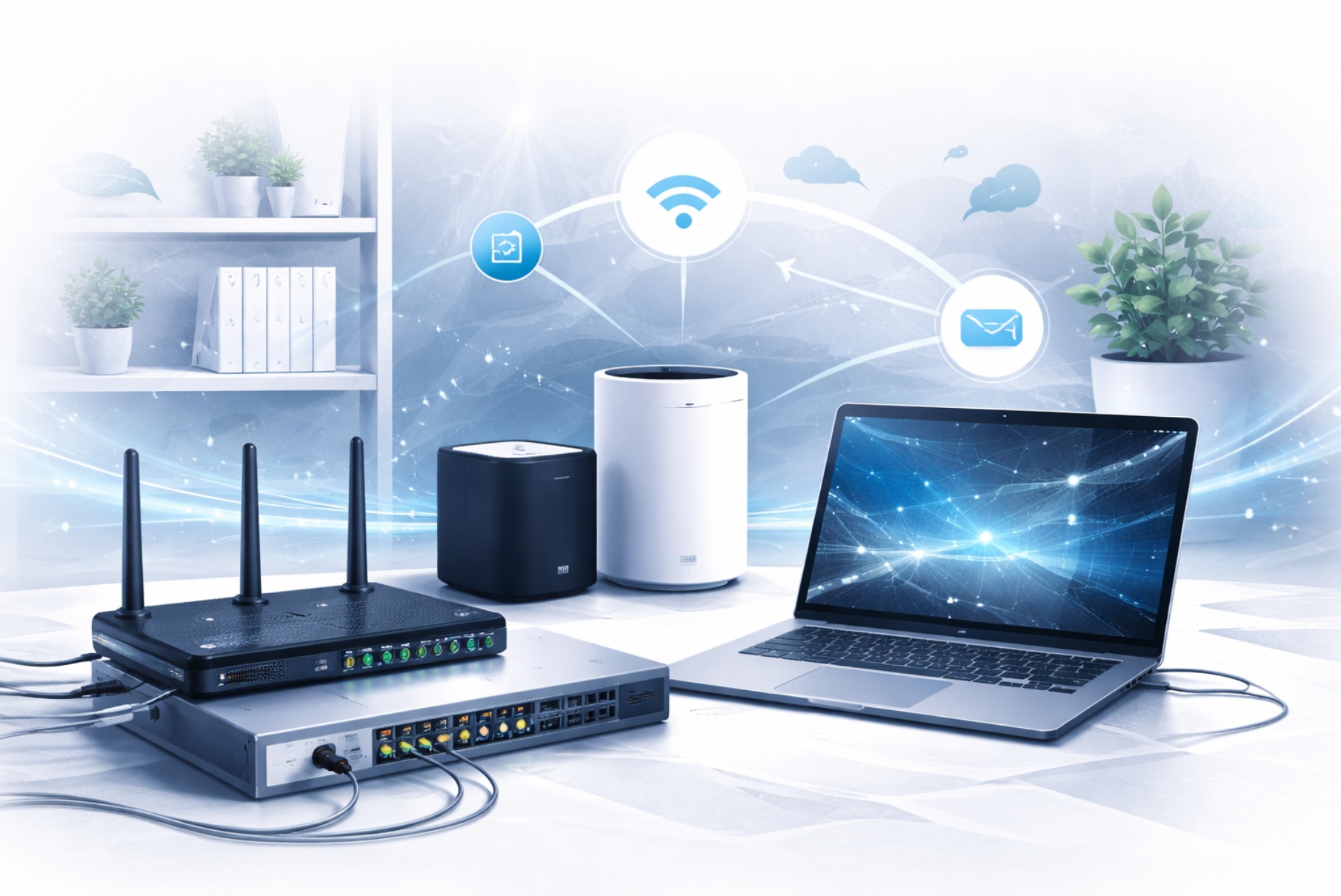 Infrastrutture di rete affidabili per casa e ufficio Illustrazione che rappresenta infrastrutture di rete affidabili per casa e ufficio con dispositivi di networking e connessioni stabili